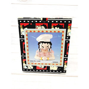 Vintage Betty Boop Chef Salt & Pepper Shaker Holder 3-Piece Set Vandor 1995 NEW